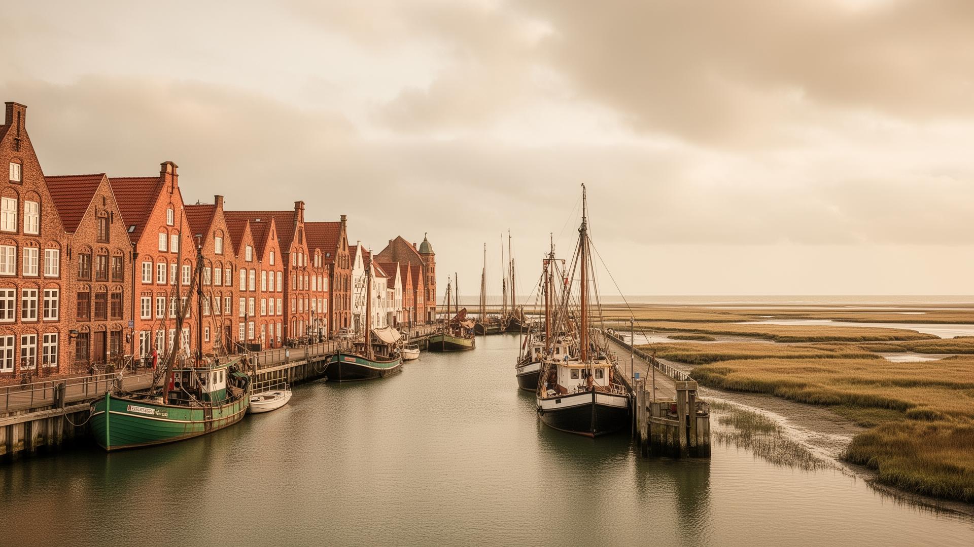 Hafen einer nordfriesischen Stadt mit historischen Giebelhäusern