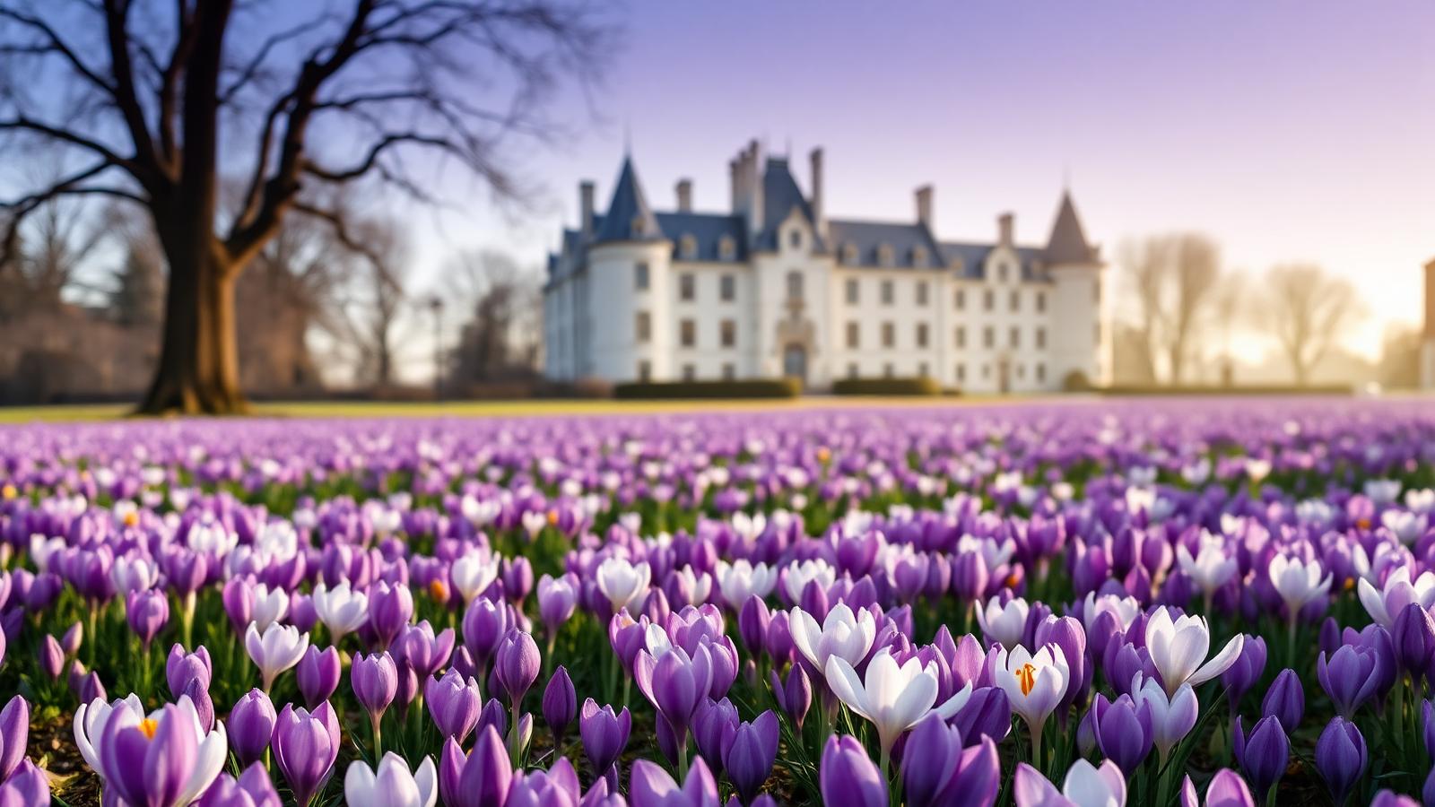 Millionen violetter Krokusse im Schlosspark von Husum vor dem Schloss